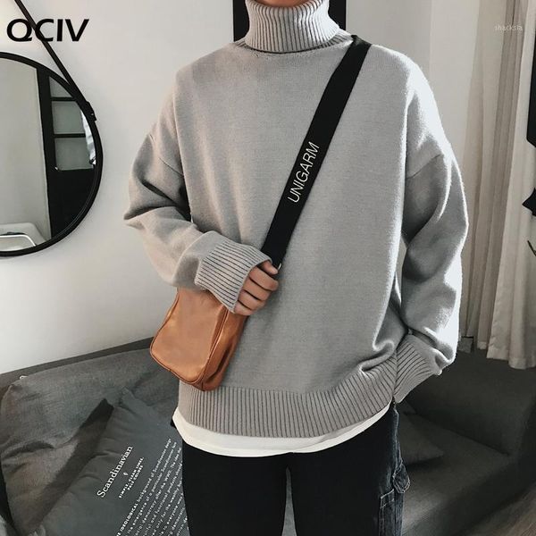

new 2020 autumn and winter men knitted sweater soilid color men turtleneck sweater casual loose pullover1, White;black