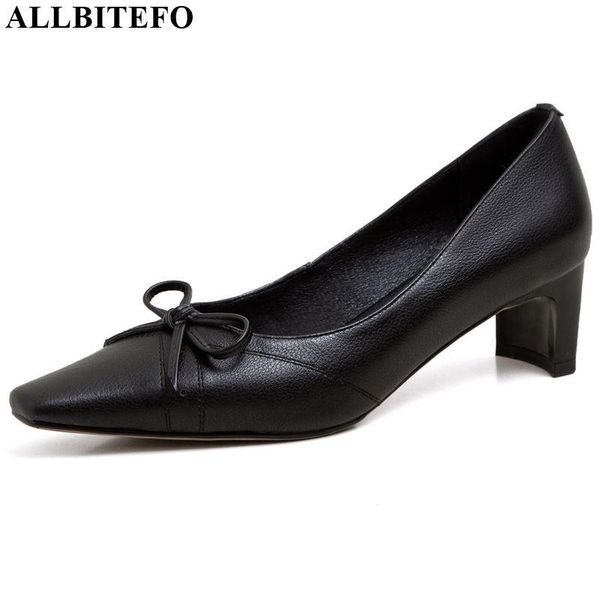 

allbitefo elegant bow-knot office heel high heels natural genuine leather high heel shoes fashion square toe women heels, Black