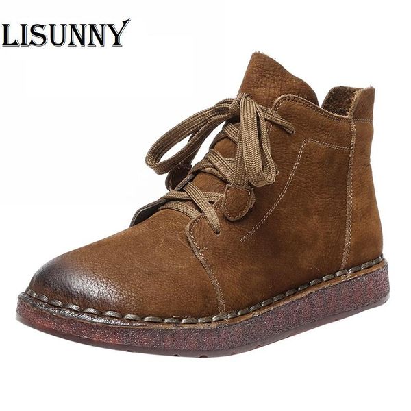 

2020 woman ankle boots retro handmade women's genuine leather shoes female autumn shoes zip flat with fur boats mujer, Black