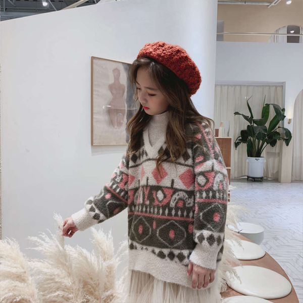 

children's 2020 winter fashion wear korean fake two piece geometric sweater girls mink veet 54zs, Blue