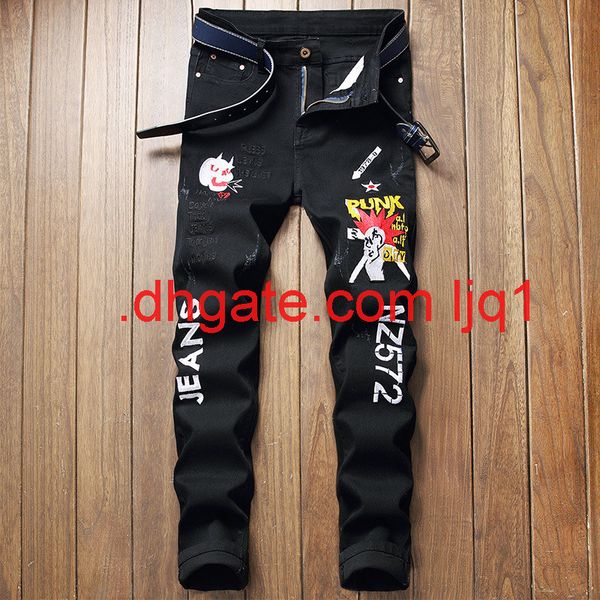 

new black hole men's jeans slim embroidery devil straight pants, Blue