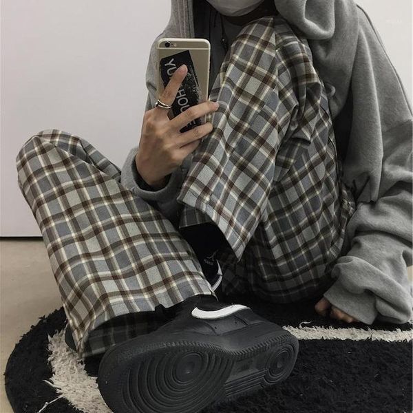 

women's pants & capris qweek vintage plaid women japanese streetwear wide leg korean style elastic high waist loose trousers fashion1, Black;white