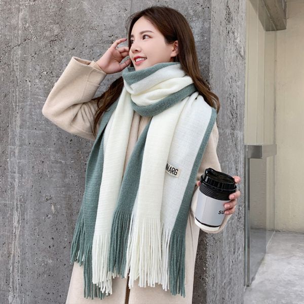 

two splicing scarf women 2020 autumn and winter korean version new cashmere tassel warm men's color matching neck, Blue;gray