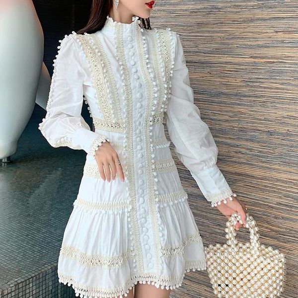 

casual dresses 2021 french style retro hollow out lace patchwork ruffles stand collar lantern sleeve ball gown short dress women, Black;gray