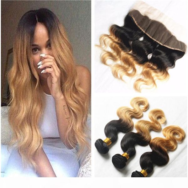 

honey blonde ombre full lace frontal closure 13x4 with bundles body wave 1b 27 light brown ombre peruvian virgin hair wefts with frontal, Black