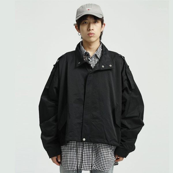 

men 2 pieces splice plaid cargo jacket outerwear male women couple streetwear hip hop loose casual coat overcoat1, Black;brown