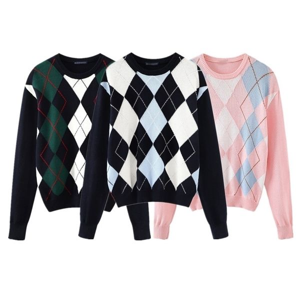 Sweet Girls Vintage Strick Argyle Sweaters Frühherbst Fashion Ladies Pullovers süße Frauen Chic Pullover Streetwear 201201