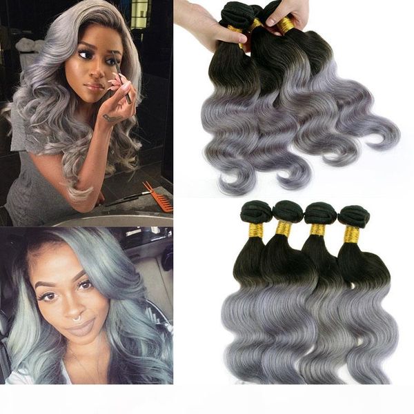 

selling silver grey ombre human hair extensions ombre gray brazilian virgin hair body wave 2 tone ombre grey peruvian remy hair weave, Black