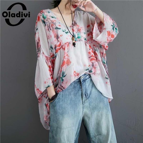 

oladivi oversized plus size women fashion print blouse shirt summer big capes ladies casual loose tees tunics blusas 8xl 7xl, White