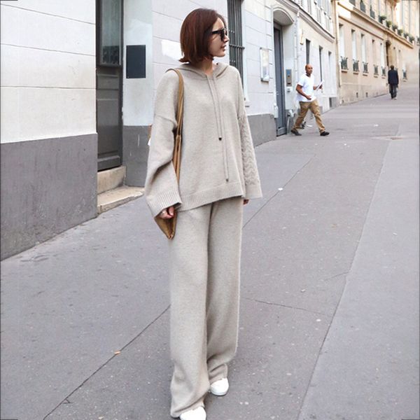 

2021 new apricot tracksuit women autumn winter oversize sport knit sweatshirt two pieces set outfit solid casual pant suit y8qm, White