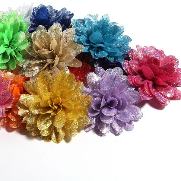 

120pcs 8cm 3.1" artificial metallic fabric flower for hair accessories chiffon shiny scallop hair flowers for wedding boutique y200710, Slivery;white