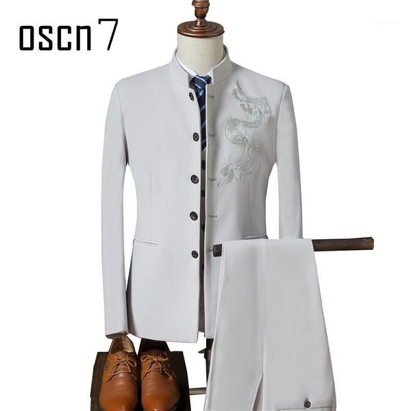

oscn7 mandarin collar dragon suit men 2021 new chinese style fashion printed mens dress suit plus size leisure terno masculino1, White;black