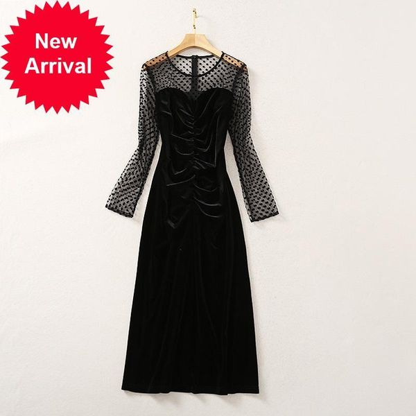 

2021 new autumn winter in velvet knitted vintage dot fine wave stylish female temperament dressed as party dress vlb6, Black;gray