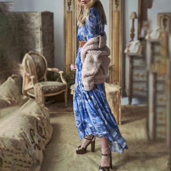 

2020 summer new fashion women's vertical stand-up collar puffy sleeves printed elegant mid-length dress for women with ing, Black