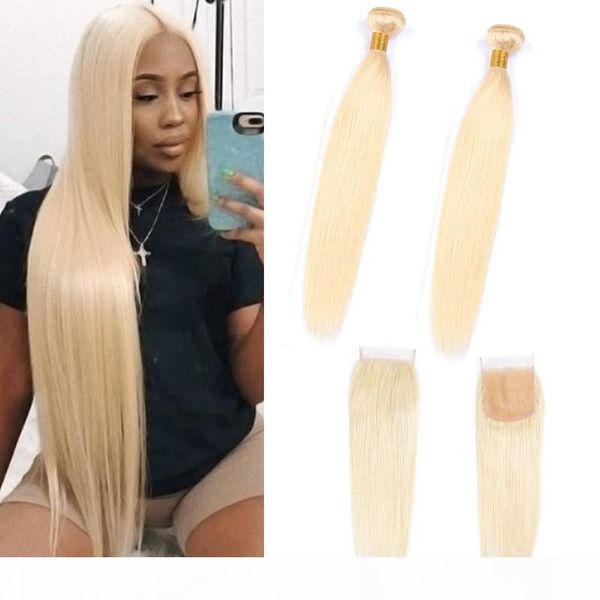 

indian virgin hair silky striaght yirubeauty 613# blonde bundles with 4x4 lace closure middle three part straight human hair wefts, Black;brown