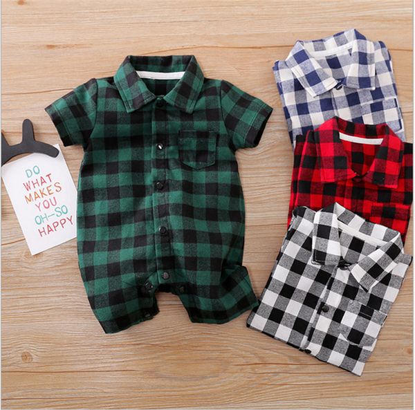 

spring autumn baby boys girls plaid rompers turn-down collar toddler short long sleeve jumpsuits infant onesies kids button overalls gg20106, Blue