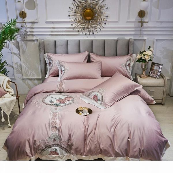 

пыльный розовый желтый vintage chic цветы вышивка пододеяльник набор египетский хлопок мягкая постельных принадлежностей  king size 4шт
