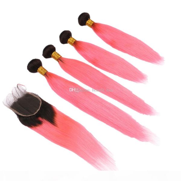 

ombre 1b pink color straight 4bundles with lace closure virgin silky straight hair extensions with ombre colored 1b pink closure 4x4, Black;brown
