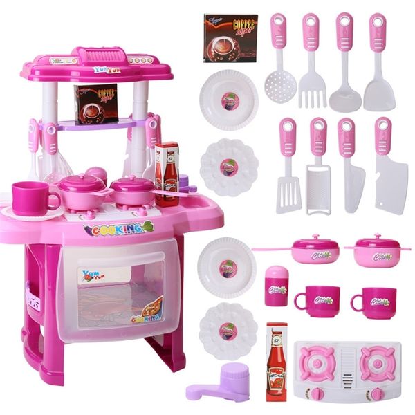 

23pcs children pretend play kitchen table set kitchen appliance cooking play set toy kitchen with music and light for girls-pink y200428