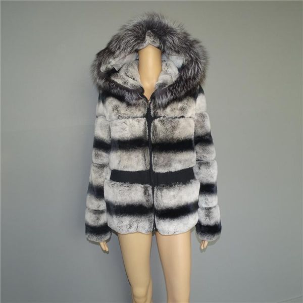 

women's fur & faux grey chinchilla coats for women rex jacket outwear hoodie stripes waistline jackets trim, Black