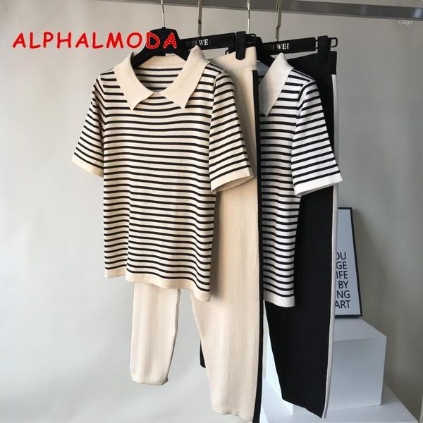 

alphalmoda 2019 summer turn-down collar striped knitted short-sleeved tee + striped knit pants 2pcs casual women suits1, White
