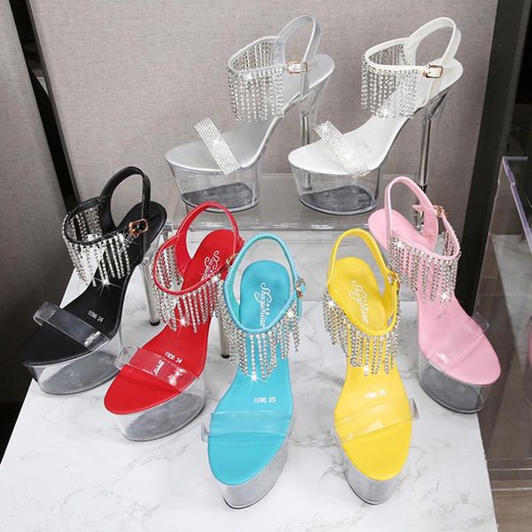 

2021 summer luxury women 17cm stripper high heels prom sandals yellow platform crystal sandals wedding plus size female shoes, Black