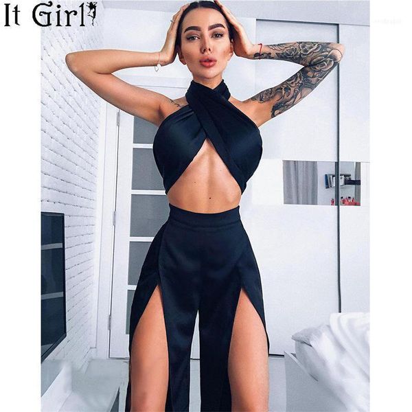 

satin silk 2piece black crop split wide leg pants set club outfit matching sets for women overall set z11211, White
