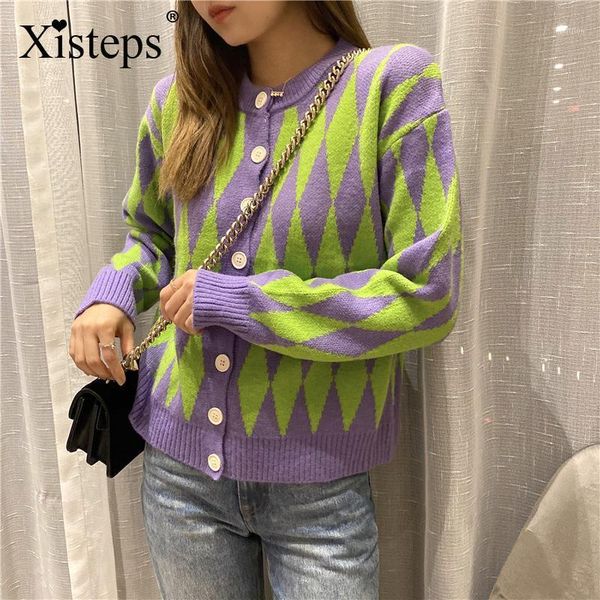 

women's knits & tees xisteps knitted diamond lattice women cardigan o neck casual ladies sweater fashion autumn female outwear 20211, White