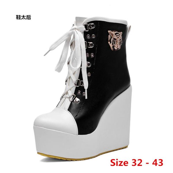 

platform ankle boots women wedges autumn summer high heel thick short boots woman motorcycle shoes small big size 32 - 43, Black