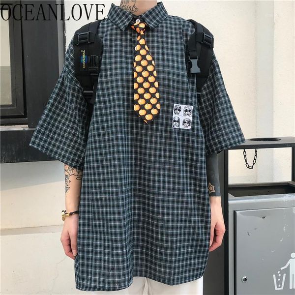 

oceanlove harajuku half sleeve women shirts 2020 plaid vintage necktie streetwear blouse 2020 spring summer blusas 151461, White