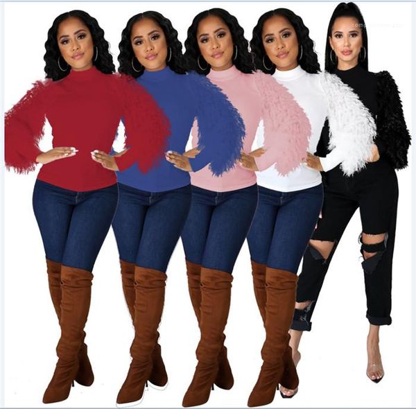 

womens slim long sleeve o neck pullover spring autumn fall solid color all match women t shirts fleece patchwork t-shirts, White