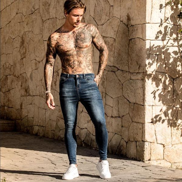 

new mens skinny jeans 2020 slim pencil pants jeans men ripped stretch denim pants elastic waist big size eu and us, Blue
