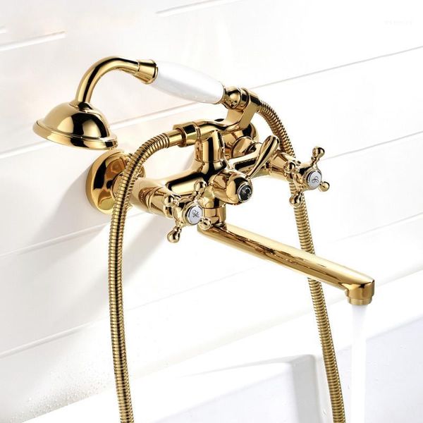 

chrome bathroom shower faucets antique brass hand rain shower head tap with long spout set dual handle bathtub faucet1
