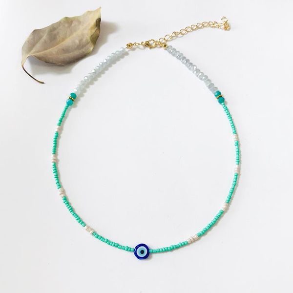 

bohemian adjustable beaded necklace blue-green white beads handmade chic stacking short choker gift for women wholesale, Silver