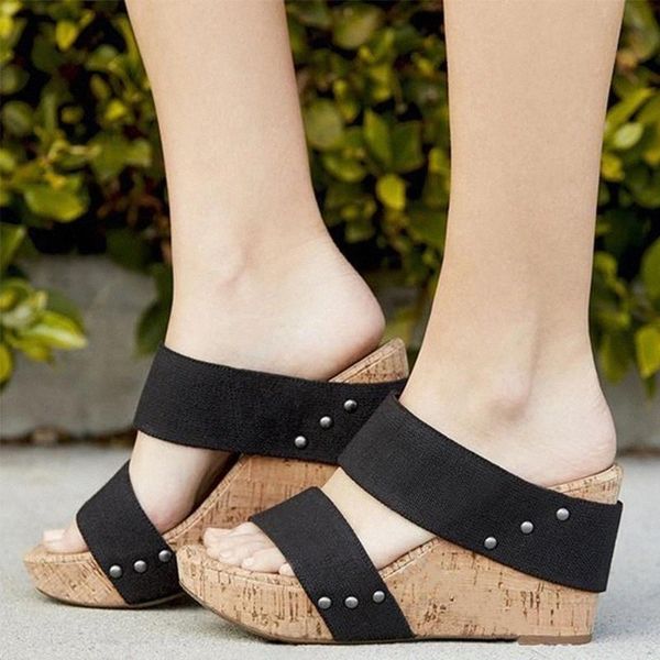 

women wedges elastic band platform slippers woman fashion thick bottom shoes ladies sandals casual female plus size summer 2020 #m65m, Black