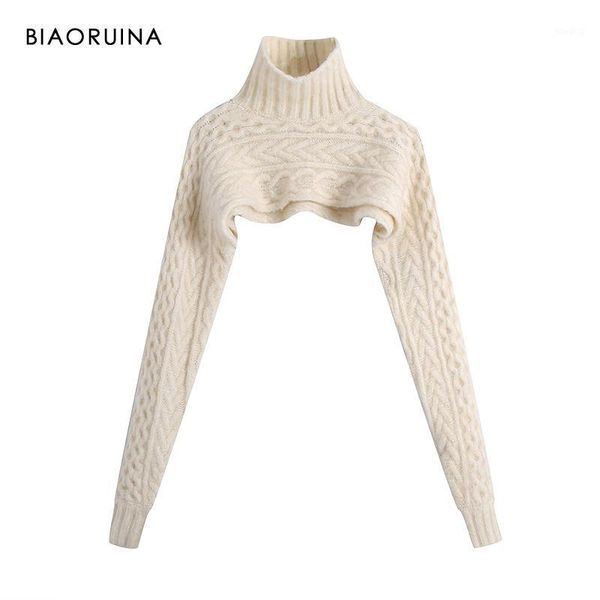 

biaoruina women's loose beige fashion design ultra short open chest with knitted sleeve turtleneck sweater pullover streetwear1, White;black