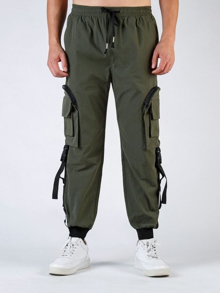 

men zip pocket side strap buckled drawstring waist cargo pants e1k7#, Black