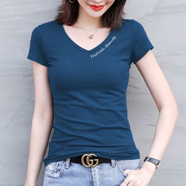

сердце образного tiktok v хлопок воротник t-shirtfemale тонкие тонкие с коротким рукавом летом черного плотным пассива футболка белой футбол, White