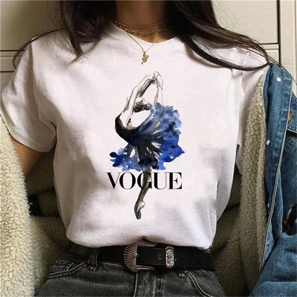 

vogue women tshirts harajuku korean style ballet dance girl print tshirt cartoon print short sleeve t shirts female, White