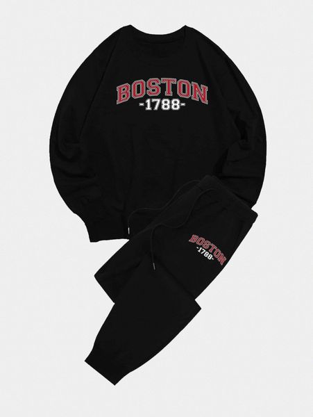 

romwe guys letter graphic sweatshirt & sweatpants set k3oo#, Gray