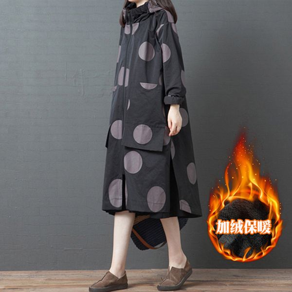 

2020 new long windbreaker coat women's autumn winter clothing retro loose large size printing hooded plus veet jackets xa423, Tan;black