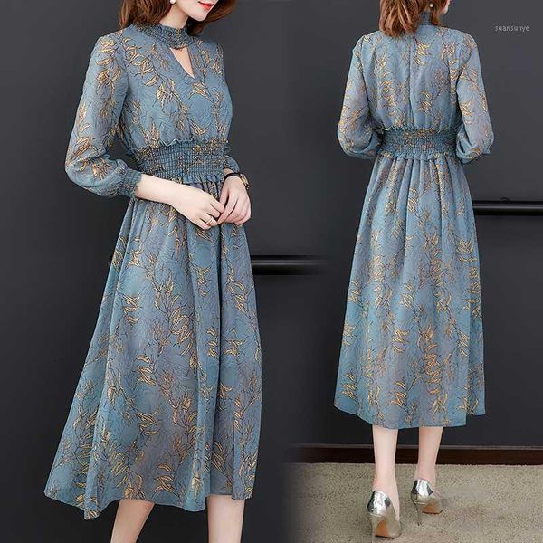 

women's spring vestidos french elastic waist chiffon dress nine-point sleeve retro print mid-length summer a-line dresses z3221, Black;gray