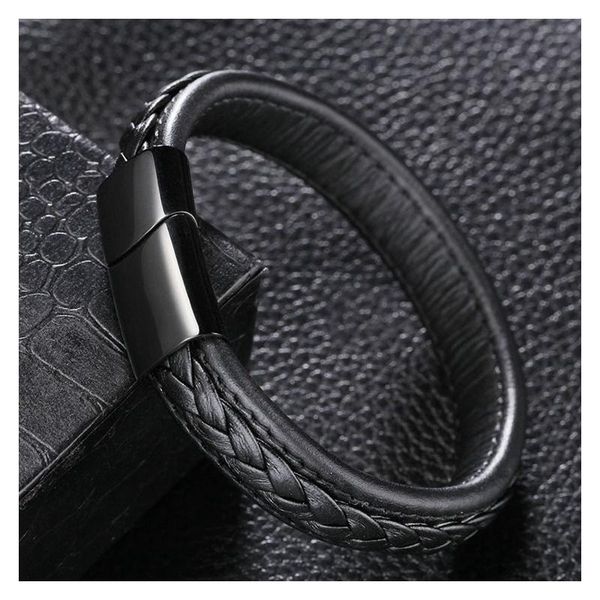 

bangle mens vintage magnet black brown leather braided bracelet wristband stainless steel clasp jewellery gifts