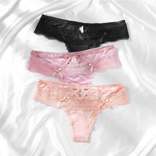 

girl's bow lace panties g-string low waist hollow out belt panties lingerie thong female mature lady's temperament1, Black;pink