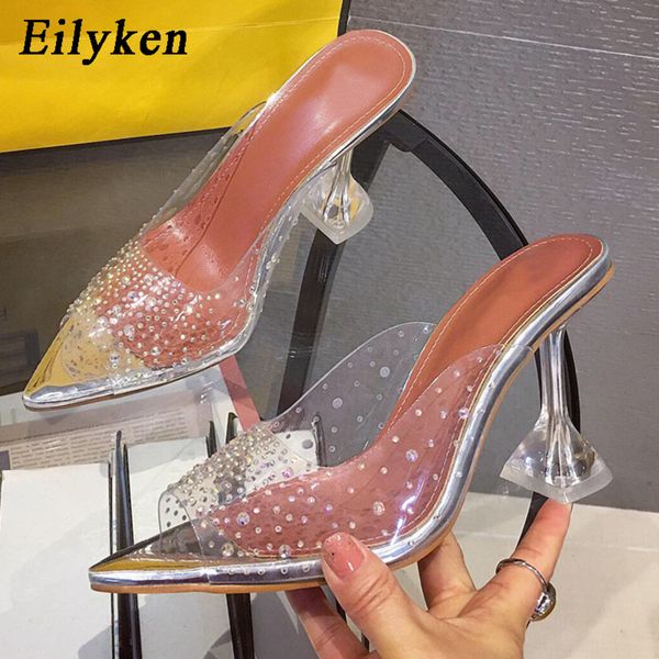 

eilyken fashion pvc transparent rhinestones women pumps clear perspex crystal spike heel slippers shallow peep toe sandals c0202, Black