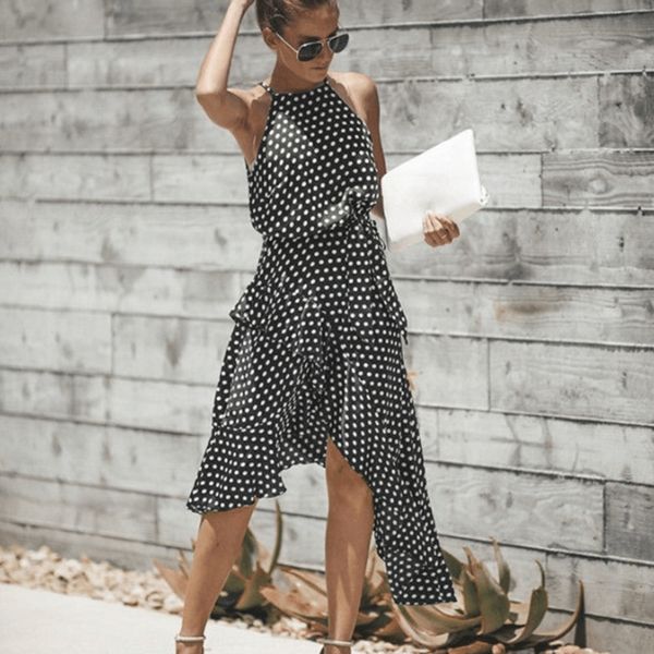 

zkoye 2020 spring/summer new fashion polka dot lace-up clothing slim dress women's women summer women's fashion for irregular nbhb, Black;gray