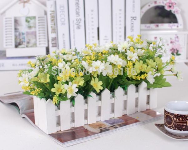 

1 set 30cm wooden fence vase + flowers eugene flower rose and daisy artificial flower set silk flowers for home desk decoration