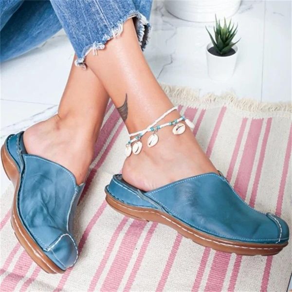 

women round toe sandals 2020 new low heel slide sandals summer slippers cane woven beach shoes woman mule flat female shoes, Black