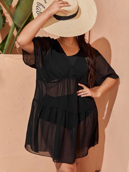 

plus tie back chiffon cover up z3nv#, Black