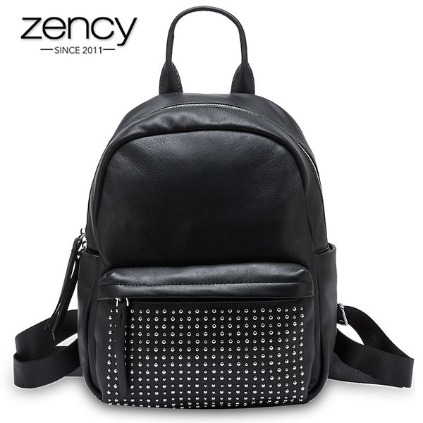 

zency 100% genuine leather fashion women backpack with rivets lady travel bags student's schoolbag knapsack black